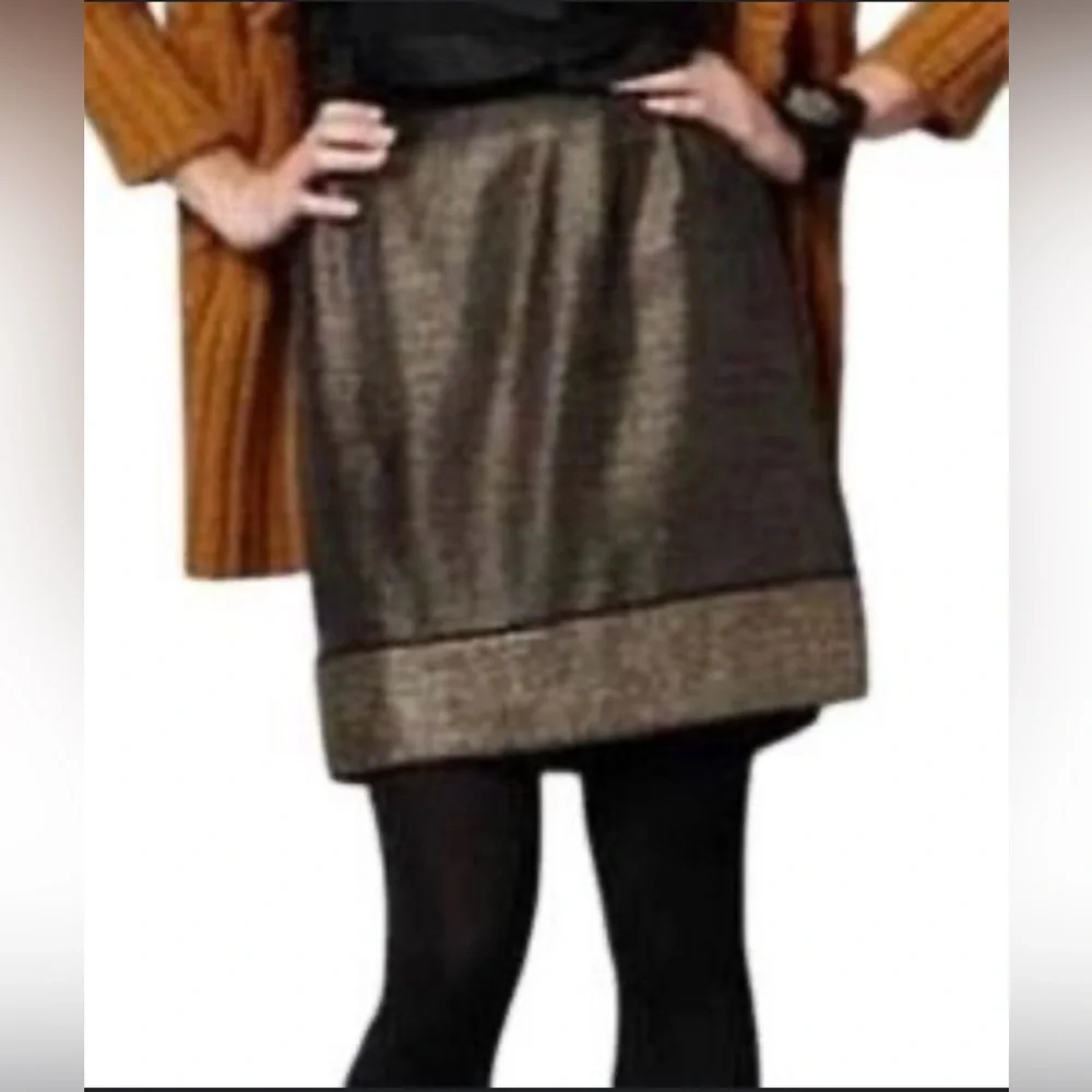 LOFT Black Gold Sheer Metallic Wool Skirt Mesh Overlay Satin Piping Gold Exposed